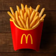 Złociste, chrupiące frytki McDonald's w czerwonym opakowaniu z logo, gotowe do schrupania na drewnianym tle.