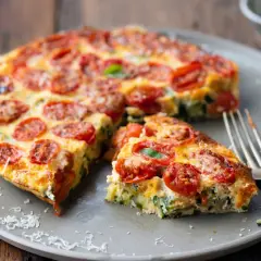 Pyszna pizza z cukinii z pomidorkami i bazylią na talerzu, gotowa do podania.