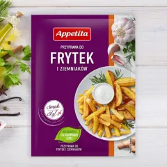 Opakowanie przyprawy do frytek i ziemniaków Appetita z frytkami i dipem na talerzu, otoczone ziołami i przyprawami.