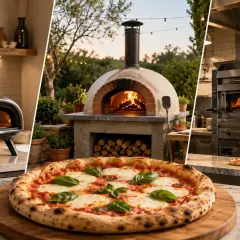 Różne rodzaje pizzy i pieców do jej wypieku: nowoczesny piec stołowy, tradycyjny piec opalanym drewnem i profesjonalny piec gastronomiczny.