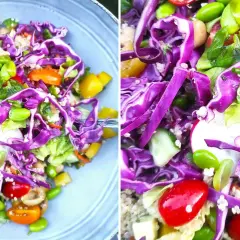 Kolorowa surówka z czerwonej kapusty, edamame, pomidorkami i ogórkiem. Wygląda jak surówka z czerwonej kapusty jak w restauracji, pyszna i zdrowa.