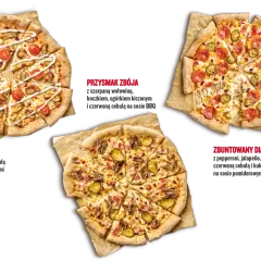 Trzy pyszne pizze, idealne na festiwal pizzy: Król Kebabów, Przysmak Zbója i Zbuntowany Diabeł.
