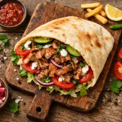 Kebab w picie z mięsem, warzywami i frytkami na desce.