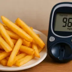 Talerz frytek obok glukometru pokazującego 96 mg/dL.