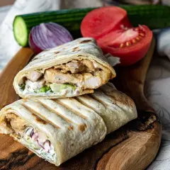 Pyszny kebab w tortilli z kurczakiem, warzywami i sosem, podany na drewnianej desce z pomidorem i ogórkiem.