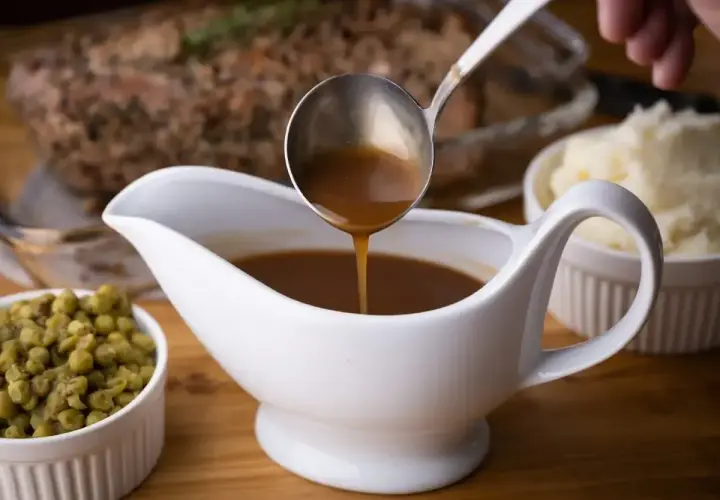 Sos w sosjerce, idealny do zagęszczenia. Obok puree ziemniaczane i groszek.