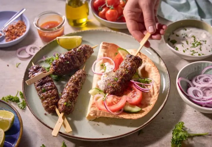Pyszny, soczysty turecki kebab na talerzu z dodatkami: pitą, warzywami i jogurtowym sosem. Idealny na letni wieczór.