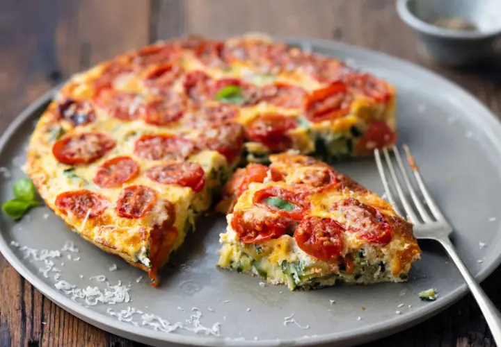 Pyszna pizza z cukinii z pomidorkami i bazylią na talerzu, gotowa do podania.