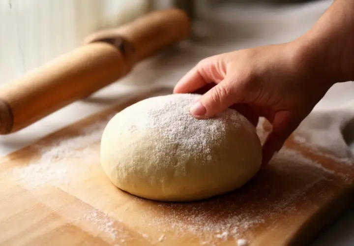 Dłoń dotyka kulki ciasta na pizzę posypanej mąką na desce, obok wałek.