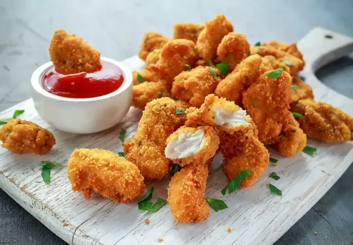 Chrupiące kawałki kurczaka w panierce panko, idealne do maczania w keczupie. Panko co to? To japońska bułka tarta, która nadaje potrawom niezwykłą kruchość.