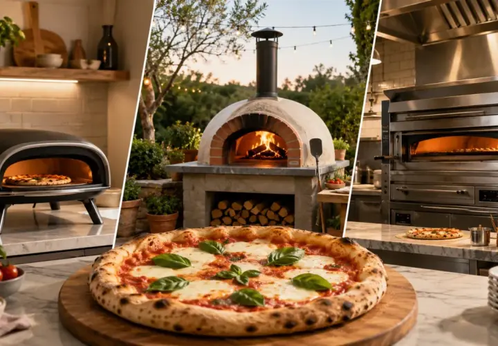 Różne rodzaje pizzy i pieców do jej wypieku: nowoczesny piec stołowy, tradycyjny piec opalanym drewnem i profesjonalny piec gastronomiczny.