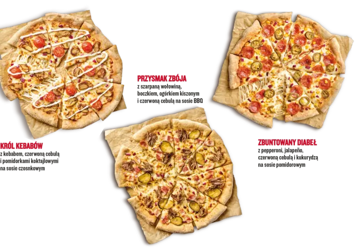 Trzy pyszne pizze, idealne na festiwal pizzy: Król Kebabów, Przysmak Zbója i Zbuntowany Diabeł.