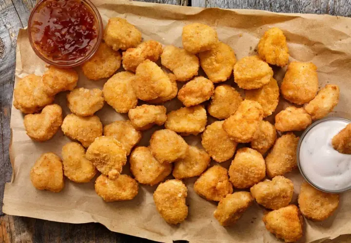 Chrupiące kawałki kurczaka w panierce kfc oryginalny przepis, podane z sosem.