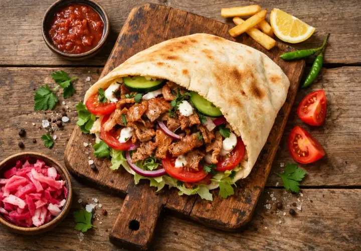 Kebab w picie z mięsem, warzywami i frytkami na desce.