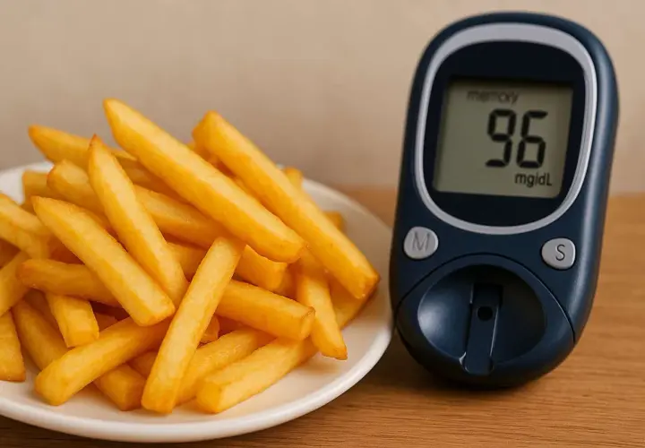 Talerz frytek obok glukometru pokazującego 96 mg/dL.