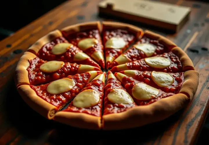 Pokrojona pizza z sosem pomidorowym i serem na drewnianym stole.