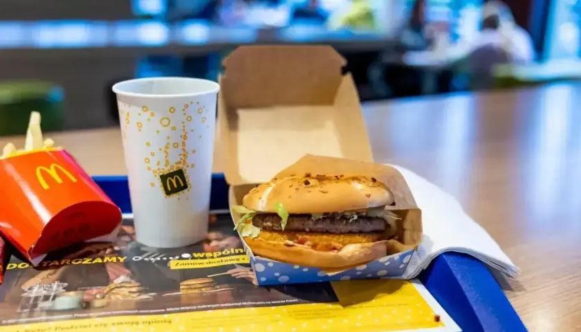 McDouble, frytki i napój na tacy w McDonald's. Sprawdź aktualną mcdouble cena i ciesz się posiłkiem.