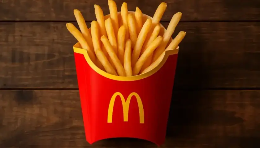 Złociste, chrupiące frytki McDonald's w czerwonym opakowaniu z logo, gotowe do schrupania na drewnianym tle.