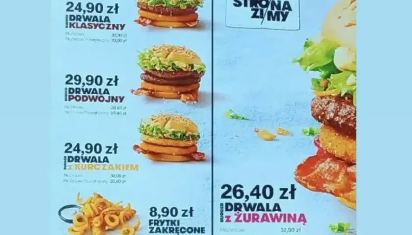 Menu z burgerami Drwala: Klasyczny, Podwójny, z Kurczakiem i Żurawiną. Obok frytki zakręcone. Red chikker kcal nie jest widoczny.