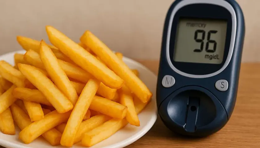 Talerz frytek obok glukometru pokazującego 96 mg/dL.