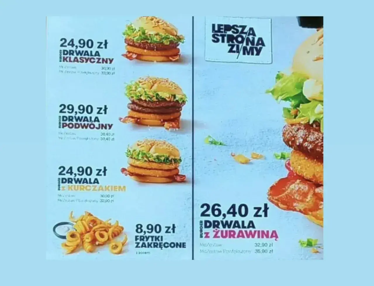 Ceny burgerów Drwala: klasyczny 24,90 zł, podwójny 29,90 zł, z kurczakiem 24,90 zł, z żurawiną 26,40 zł.