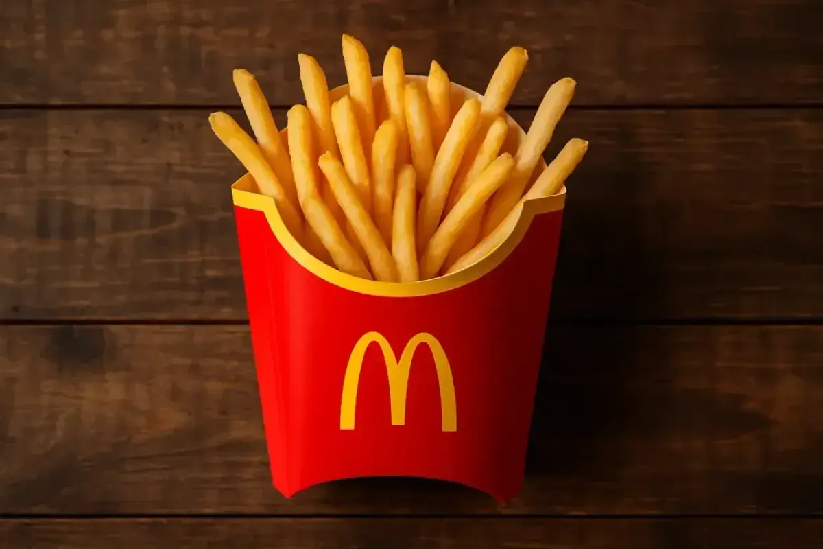 Złociste, chrupiące frytki McDonald's w czerwonym opakowaniu z logo, gotowe do schrupania na drewnianym tle.