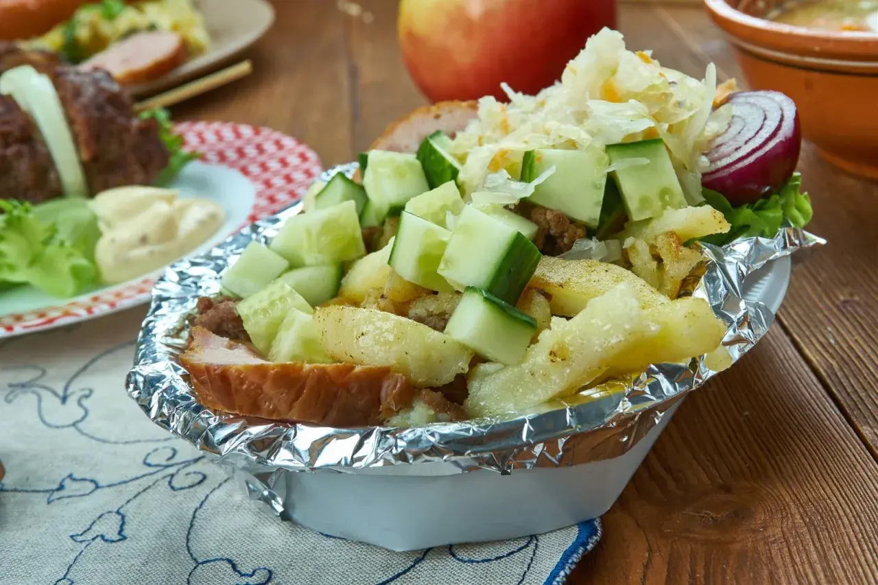 Kapsalon z frytkami, mięsem, serem, ogórkiem i surówką w folii aluminiowej.