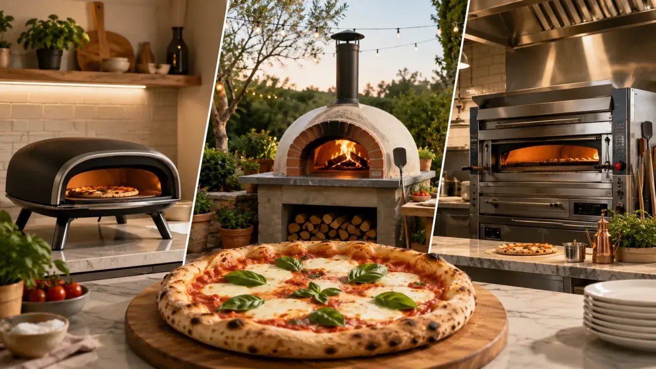 Różne rodzaje pizzy i pieców do jej wypieku: nowoczesny piec stołowy, tradycyjny piec opalanym drewnem i profesjonalny piec gastronomiczny.