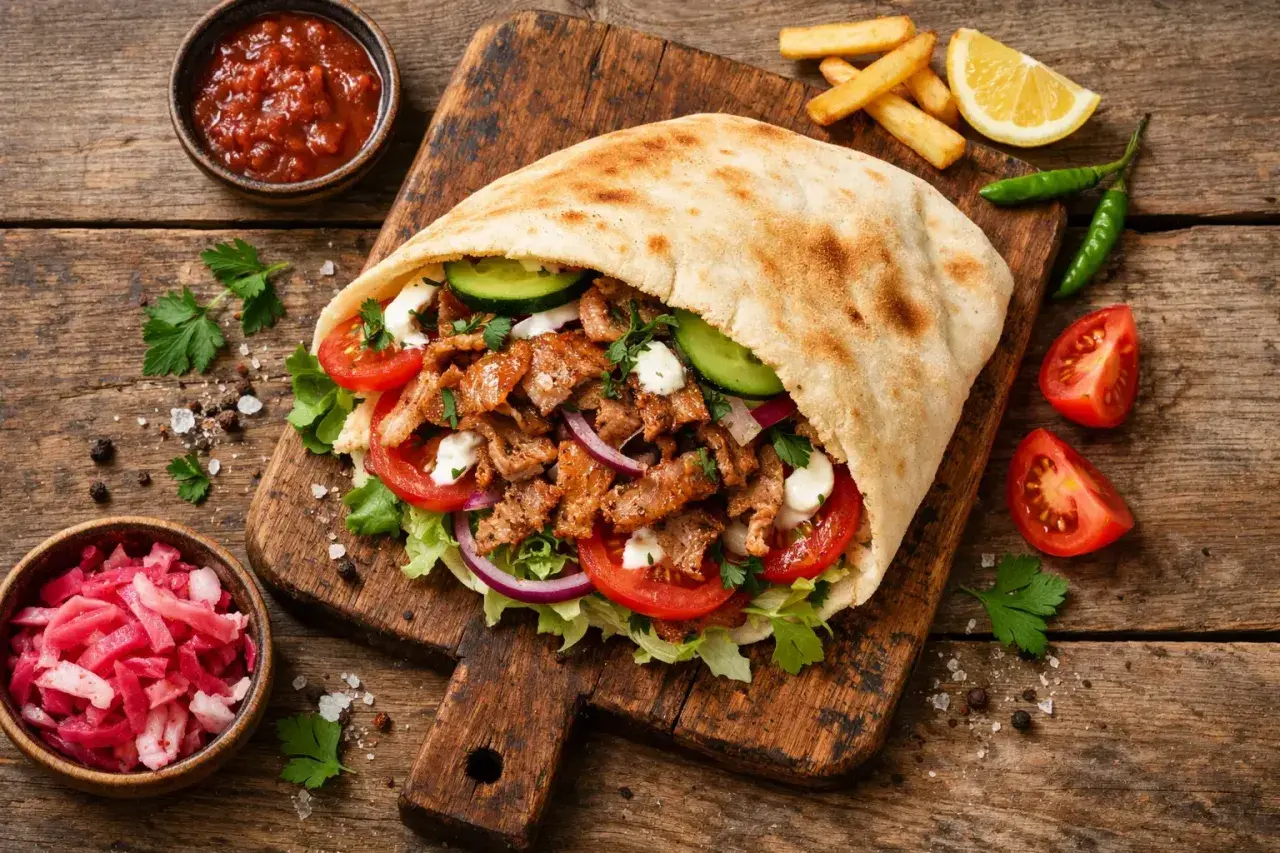 Kebab w picie z mięsem, warzywami i frytkami na desce.