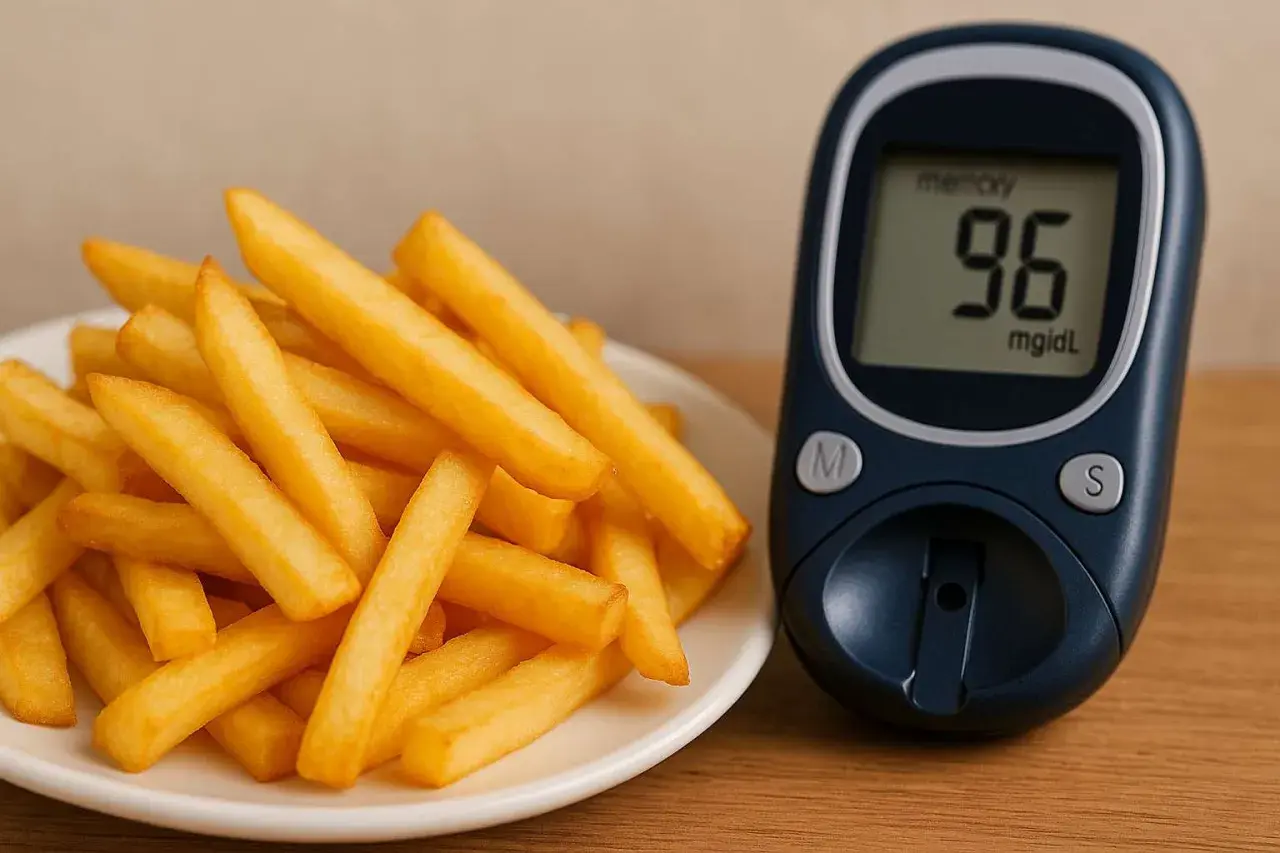 Talerz frytek obok glukometru pokazującego 96 mg/dL.