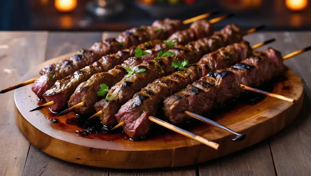 Soczyste kawałki mięsa na patyczkach, grillowane do perfekcji. Ten turecki kebab wygląda apetycznie, z delikatnymi przyprawami i świeżą natką pietruszki.