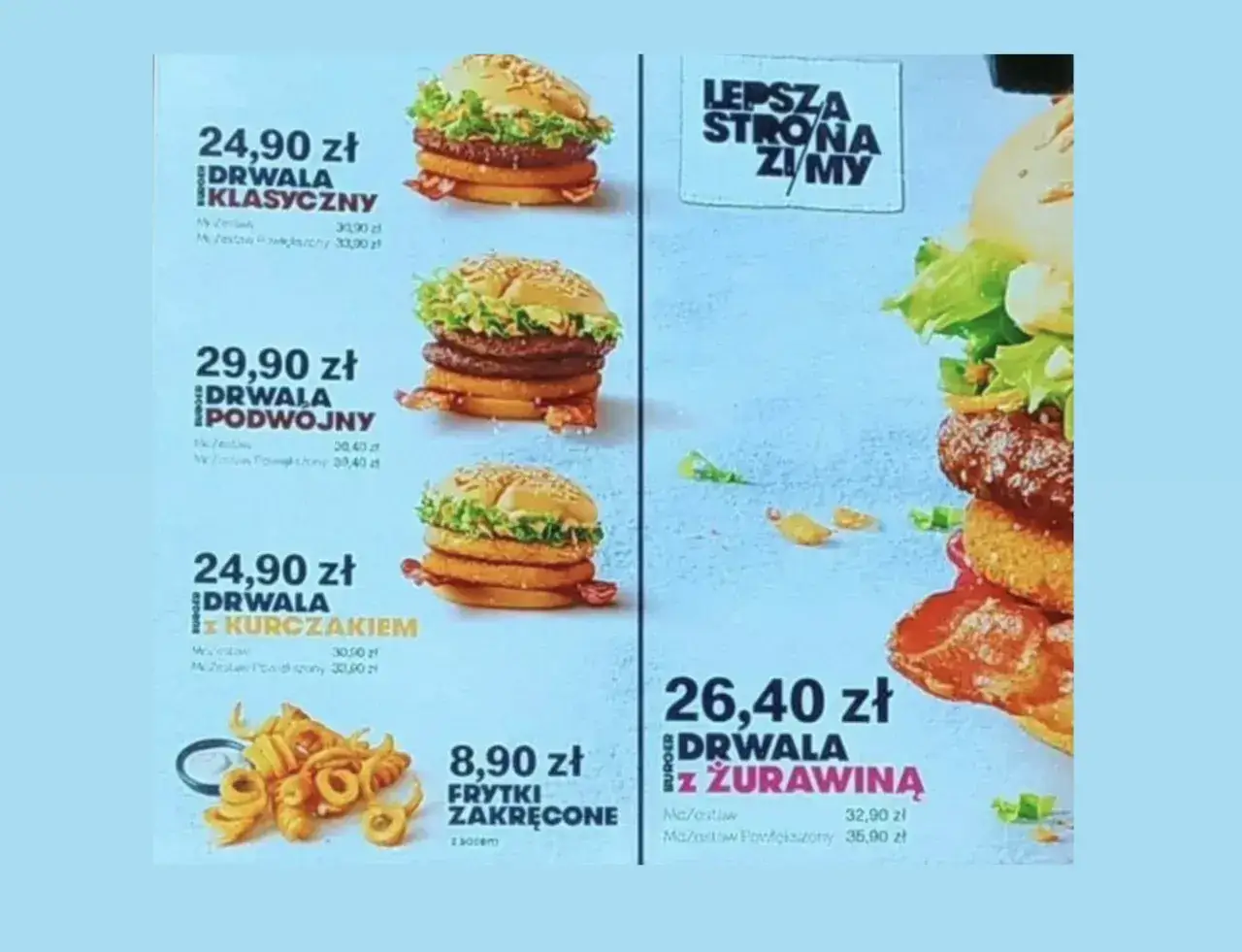 Drwala Klasyczny kosztuje 24,90 zł. Na ekranie widać też inne burgery i frytki.
