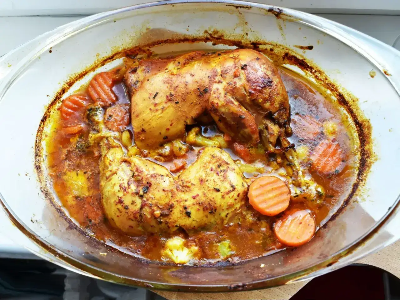 Soczyste udka z grilla w aromatycznym sosie z marchewką i brokułami, pieczone w szklanym naczyniu.