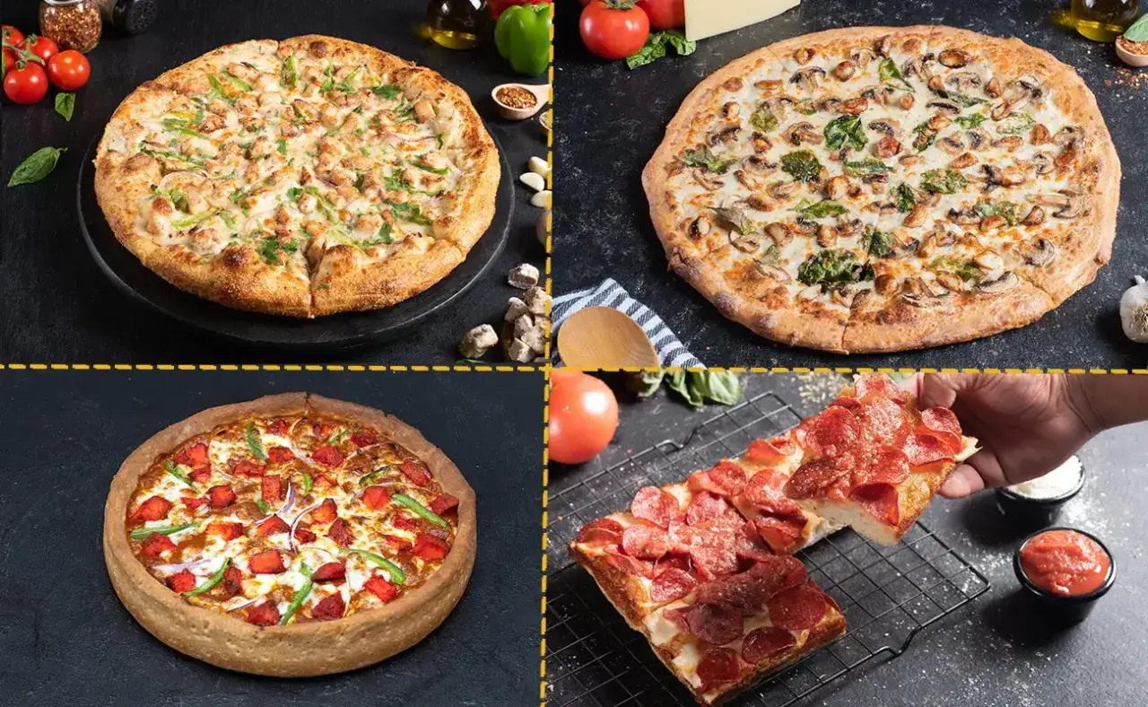 Różne rodzaje pizzy: z kurczakiem i papryką, z pieczarkami i szpinakiem, z kurczakiem tandoori, a także klasyczna pepperoni.